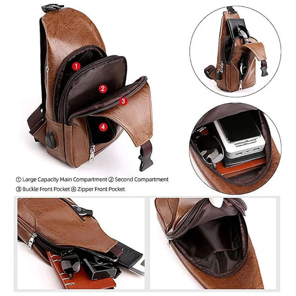 Sleek Black Men's Sling Bag with USB Charging Port